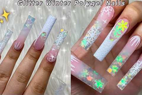 GLITTER WINTER POLYGEL NAILS✨ HOW TO GLITTER OMBRE & NAIL ART DESIGN | Nail Tutorial