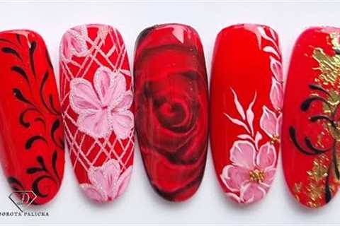 Beautiful red nail art. 5 easy nail art designs in red with glitter and gold transfer foil.