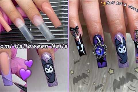 KUROMI HALLOWEEN POLYGEL NAILS💜 NAIL ART & CHARM NAIL DESIGN! CREEPY REDDIT STORIES | Nail..