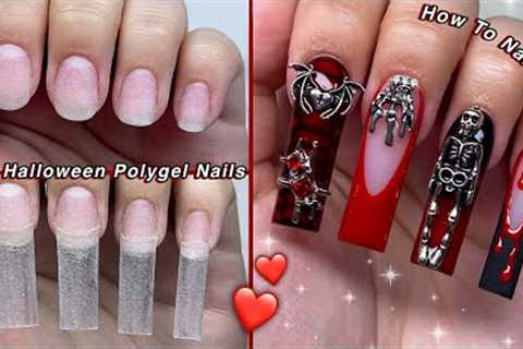 RED HALLOWEEN POLYGEL NAILS❤️ HALLOWEEN NAIL ART & CHARM NAIL DESIGN! | Nail Tutorial