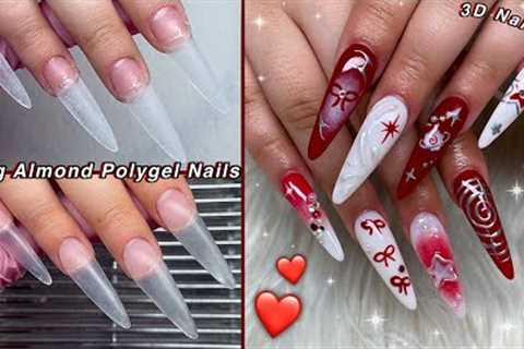 LONG ALMOND POLYGEL NAILS❤️ 3D NAIL ART & EASY POLYGEL APPLICATION! | Nail Tutorial