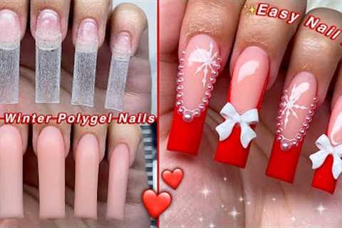 RED WINTER POLYGEL NAILS❤️ POLYGEL APPLICATION & EASY NAIL ART! | Nail Tutorial