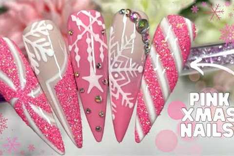 PINK EXTRA GLITTERY CHRISTMAS NAIL ART DESIGN| DIFFERENT GLITTER CHRISTMAS NAIL IDEAS| SNOWFLAKE