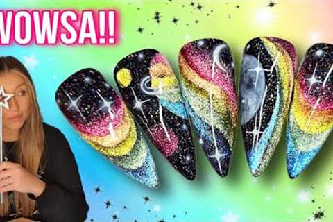 🌈 Rainbow Cateye Galaxy Nails | Cosmic Nail Art Design | Star Moon Space | Easy Beginner | Miss..